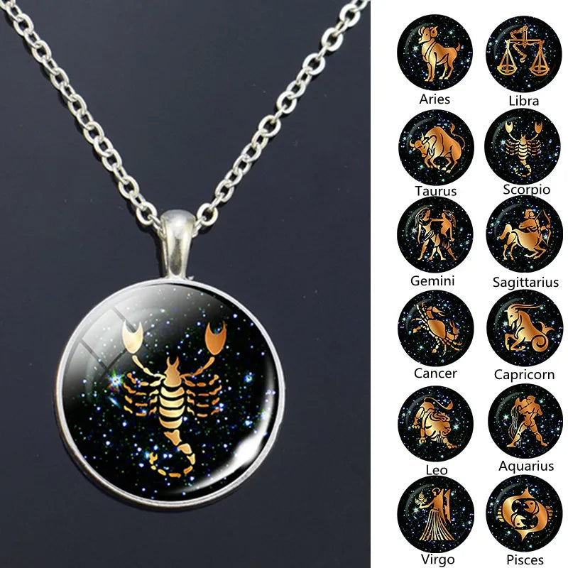 Zodiac Sign Pendant Necklace Glass Cabochon