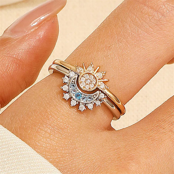 Sun and Moon Overlapping Wear Ring Sparkling Couple Set