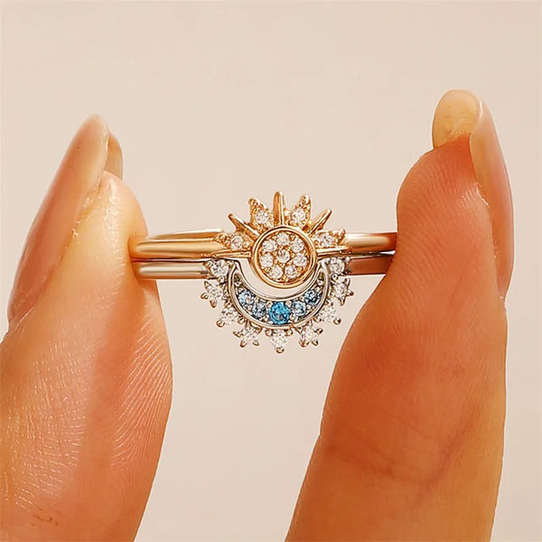 Sun and Moon Overlapping Wear Ring Sparkling Couple Set