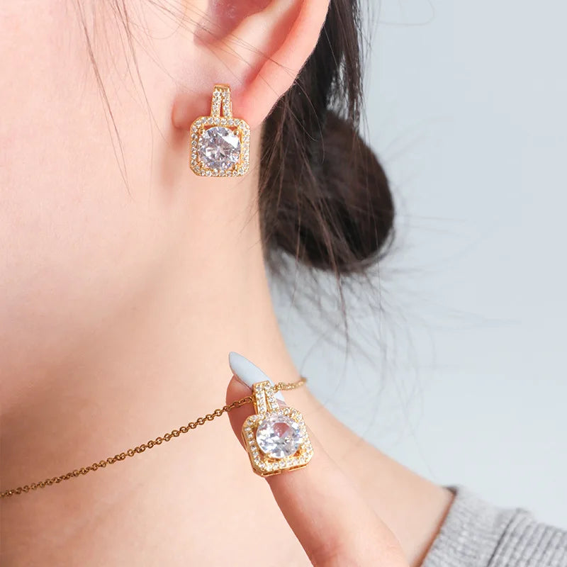 Fashion Square Zircon Necklace Earrings Ring Set