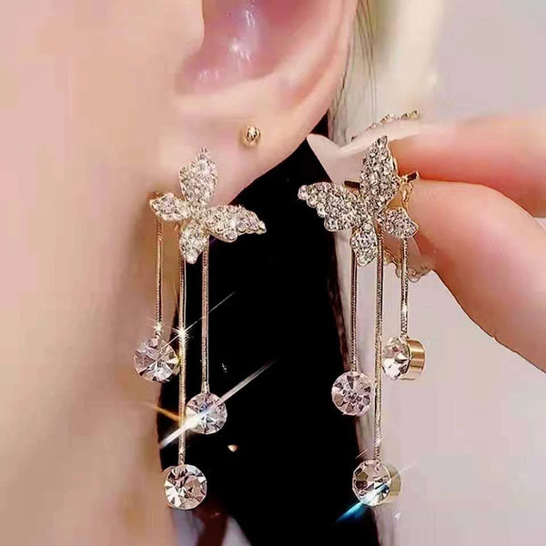 Needle Crystal Butterfly Tassel Earrings 925 Silver