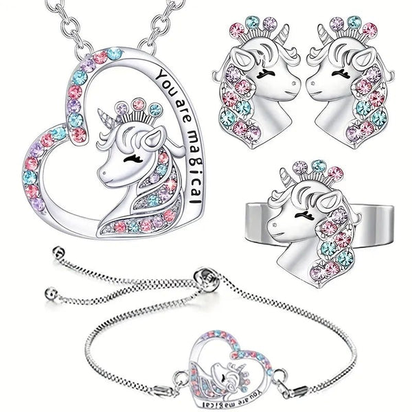 Cartoon Style Unicorn Necklace Earrings Ring Bracelet - JEWELGLAMOUR LTD